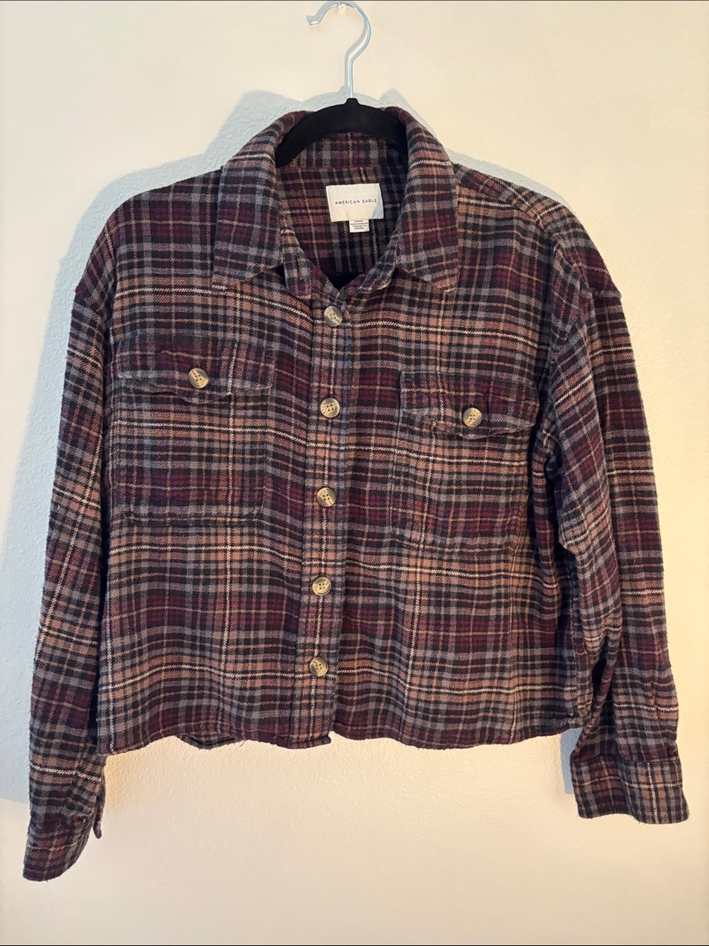 AMERICAN EAGLE Oversized Cropped Flannel Long Sleeve Shirt Womens Medium